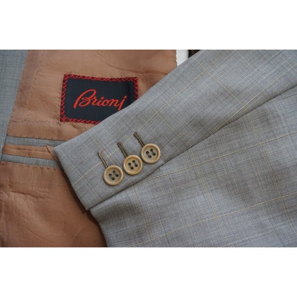 Brioni Gray Brown Gold Windowpane Wool 2 Pc Suit Jacket Pants Sz 41R